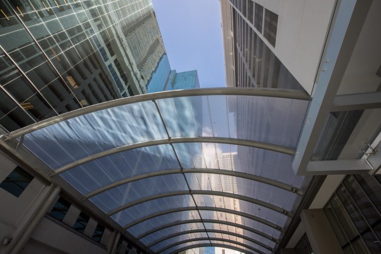 Painted structural steel canopy framing system at Panorama Tower in Miami